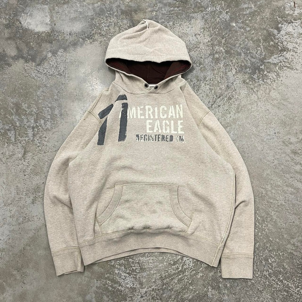 American Eagle Mens XL Y2K Grunge Boxy Fit Oatmeal Pullover Hoodie Distressed